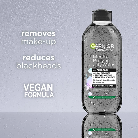 Image 1, removes make-up, reduces blackheads, vegan formula. Image 2, gentle jelly texture formula, mattifying salicylic acid, purifying charcoal. Image 3, cruelty free, vegan formula no animal derived ingredients, bottle made of recyclable plastic, excluding cap, label and additives.