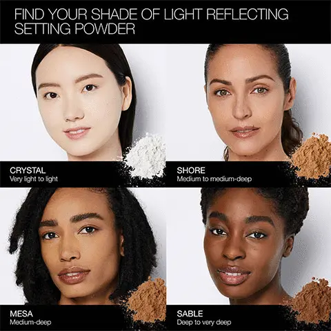 Image 1 -Find your shade of light reflecting setting powder, crystal very light to light, shore medium to medium deep, mesa medium deep, sable deep to very deep, Image 2- Light reflecting complex optically fades fine lines, wrinkles, and pores, photochromic technology adjusts complexion tone in response to the intensity of light, glycerin and vitamin e help guard against dryness and keep skin comfortable, Image 3- Light reflecting complex optically fades fine lines, wrinkles, and pores, photochromic technology adjusts complexion tone in response to the intensity of light, glycerin and vitamin e help guard against dryness and keep skin comfortable Image 4- Routine for radiance, 1 radiance primer SPF 35, prep skin for smooth makeup application, 2 Light reflecting foundation, perfect your base with medium, buildable coverage, 3 radiant creamy concealer diminish the look of undereye circles, blemishes, and more,4 light reflecting setting powder lock makeup in place all day with a luminous finish