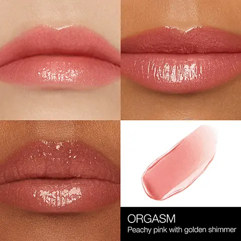 ORGASM. Peachy pink with golden shimmer. Raspberry Seed Oil, Helps smooth, soften, and add high shine. Pomegranate Flower Complex, Nourishes, softens, and protect lips from environmental stressors.