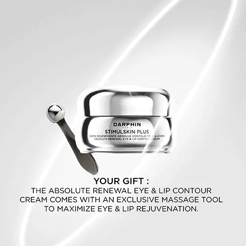 Image 1, your gift: the absolute renewal eye and lip contour cream comes with an exclusive massage tool to maximise eye and lip rejuvenation. Image 2, 1 = stimulskin plus absolute renewal serum, 2 = stimulskin absolute renewal cream, 3 = stimulskin plus eye cream