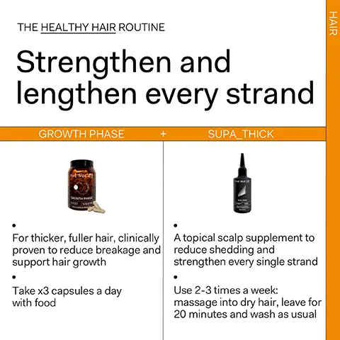 The healthy hair routine, strengthen and lengthen every strand. Growth phase- for thicker, fuller hair, clinically proven to reduce breakage and support hair growth. Take 3x capsules a day with food. Supa thick- a topical scalp supplement to reduce shedding and strengthen every single strand. Use 2-3 times a week- massage into dry hair, leave for 20 minutes and wash as usual. Supa thick- clinically proven to reduce shedding and strengthen hair. In 12 weeks- 90% had stronger and thicker hair. 90% saw a reduction in hair breakage. 80% said their scalp felt healthier. In a consumer trial conducted by the nue co. Before and after supa thick- thicker, healthier hair in 12 weeks