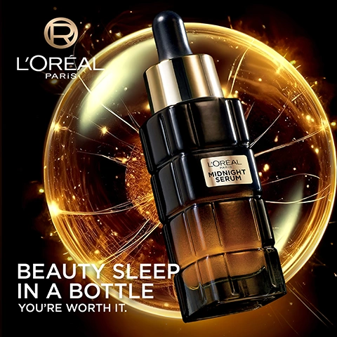 Image 1 - A dark, faceted LOréal Paris Midnight Serum dropper bottle with gold accents stands against a sparkling golden circular background, with the visible text LOréal Paris, LORÉAL PARIS MIDNIGHT SERUM, BEAUTY SLEEP IN A BOTTLE, and YOURE WORTH IT. Image 2 - A dark and gold bottle of LOréal Paris Midnight Serum with a dropper is shown on a glowing surface, alongside text that reads: CLINICALLY PROVEN EFFICACY OVER TIME, WOMEN AGREE: 90% MORE RADIANT SKIN, 92% SMOOTHER SKIN, 87% YOUNGER SKIN, 83% REDUCED WRINKLES, PREFERRED TO THE #1 LUXURY NIGHT SERUM**, *RESULTS FROM A 4-WEEK, INDEPENDENT CONSUMER STUDY OF 106 WOMEN. **BASED ON A HEAD-TO-HEAD CONSUMER PREFERENCE STUDY VS. THE #1 LUXURY NIGHT SERUM (LATEST 6 MONTHS). Image 3 - Golden liquid drops are visible in clear glass tubes and a dropper against a dark background, accompanied by text ENRICHED WITH MELATONIN-LIKE ACTIVE, BOOSTS REGENERATION FOR YOUNGER-LOOKING SKIN, ANTI-INFLAMMATORY FOR MORE RADIANT SKIN, ANTIOXIDANT FOR SMOOTHER, FIRMER SKIN, and a circular R logo. Image 4 - A before-and-after image shows a womans face, with the left side displaying more visible wrinkles around her eyes and mouth, and the right side displaying a smoother complexion, accompanied by the text CLINICALLY PROVEN EFFICACY, CREATED BY VALIDATED WITH DERMATOLOGISTS LOREAL PARIS, BEFORE, AFTER, and the disclaimer *DIGITAL SIMULATION OF APPEARANCE IMPROVEMENT OF WRINKLES. CLINICAL SCORING 78 WOMEN, 8 WEEKS. THE RESULTS MAY VARY FROM ONE INDIVIDUAL TO ANOTHER, alongside a circular R brand logo. Image 5 - Three dark brown and gold LOreal Age Perfect Midnight skincare products are displayed on reflective blocks, with the visible text AGE PERFECT MIDNIGHT RITUAL, STEP 1 SERUM, LOREAL MIDNIGHT SERUM, STEP 2 EYE CREAM, LOREAL MIDNIGHT EYE CREAM, STEP 3 FACE CREAM, and LOREAL MIDNIGHT CREAM. Image 6 - A woman holds a LOreal Midnight Serum dropper bottle and smiles at the camera, with text on the image reading DERMATOLOGICALLY TESTED, SUITABLE FOR ALL SKIN TYPES, and a registered trademark symbol. Image 7 - A gold-topped dropper is immersed in a glowing container of golden-orange swirling liquid, with text reading VALIDATED BY CONSUMERS, Within just a couple of days I could see a reduction in my fine lines, a five star rating from Danielle, 38.