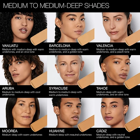 Image 1, medium to medium deep shades. vanuatu = medium with medium deep with warm undertones and an olive tone. barcelona = medium to medium deep with warm undertones and a golden tone. valencia = medium to medium deep wotj warm undertones and a peach tone. aruba = medium to medium deep with cool undertones. syacuse = medium to medium deep with warm undertones. tahoe = medium deep with warm undertones and an olive tone. moorea = medium deep with warm undertones. huahine = medium deep with neutral undertones. cadiz = medium deep with neutral undertones. image 2, soft matte strong results. 16 hour wear, oxidation resistant, shine, transfer and sweat proof. oil free and non acnegenic. image 3, anti oxidation complex = helps prevent shades from shifting due to oxidation. superior oil absorbing powders = helps provide a lasting mattifying effect so the complexion stays looking fresh. image 4, nars foundation comparison. light reflecting foundation: finish = natural. coverage = medium, buildable. benefit = makeup skincare hybrod foundation, vegan formula, breathable, all day wear. natural radiant longwear foundation: finish = natural. coverage = medium to full. benefit = 16 hours of fade resistant wear, color stays true as if just applied. sheer glow foundation: finish = natural. coverage = sheer, buildable. benefit = lightweight, hydrating formula improves radiance and evens the skin tone. pure radiant tinted moisturiser: finish = radiant, natural. coverage = sheer, buildable. benefit = lightweight tinted moisturisers, brightens and protects with vitamin c. soft matte complete foundation. finish = soft matte. coverage = medium to full. benefit = comfortable, 16 hour wear. oxidation-resistent. transfer proof. shine proof. image 5, soft matte foundation and cocnealer matches for medium skin tones.