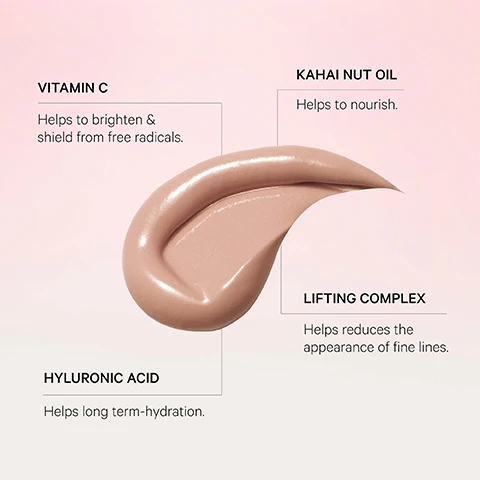 Image 1 - A swatch of light beige liquid cosmetic product is displayed on a pink background, with accompanying text detailing ingredients and their benefits: VITAMIN C Helps to brighten & shield from free radicals. KAHAI NUT OIL Helps to nourish. LIFTING COMPLEX Helps reduces the appearance of fine lines. HYLURONIC ACID Helps long term-hydration. Image 2 - A bottle of MZ Skin Tint & Protect Tinted Moisturiser with a swiped sample of the light tan product and small drops next to it, accompanied by text reading TINT & PROTECT SKIN, UVA/UVB Protection, Skin feels hydrated, Skin looks brighter, MZ SKIN BY DR. MARYAM ZAMAN, TINT & PROTECT, SKIN PERFECTING SPF 30 TINTED MOISTURISER, SOIN HYDRATANT TEINTÉ PROTECTEUR DE PEAU SPF 30.