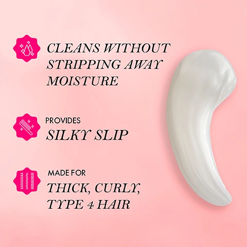 Image 3 - An applicator with a smooth, curvy shape is shown against a light pink background, with text that states cleans without stripping away moisture, provides silky slip, and made for thick, curly, type 4 hair.
              Image 4 - A bottle of Mielle Pomegranate & Honey Moisturizing and Detangling Shampoo is displayed next to pomegranate seeds and a splash of orange liquid on a pink background, with instructions for use detailing steps for cleansing, priming, and defining hair.