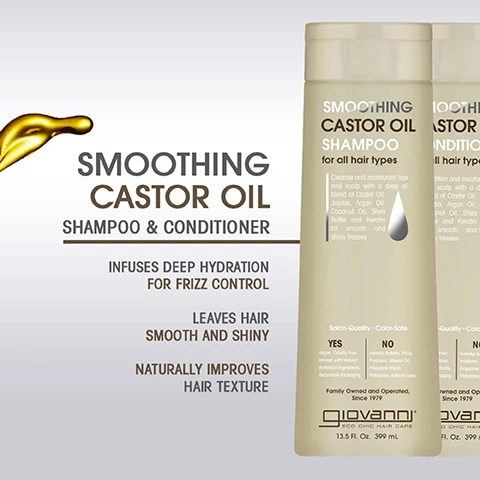 Image 1 - Image of two bottles of Giovanni Smoothing Castor Oil Shampoo and Conditioner, featuring visible text that states SMOOTHING CASTOR OIL SHAMPOO & CONDITIONER, Infuses deep hydration for frizz control, Leaves hair smooth and shiny, and Naturally improves hair texture.
              Image 2 - The image features two hair care products from Giovanni labeled Smoothing Castor Oil Shampoo and Smoothing Castor Oil Leave-In Conditioner, with arrows pointing to each product, and text highlighting benefits such as improving hair texture, hydration for frizz control, and providing hair protection and manageability.
              Image 3 - A light-colored background features a smear of hair product, with five green stars above a customer review that mentions the Castor Oil Shampoo and Conditioner, highlighting its positive effects on hair manageability and texture, attributed to a San Diego user.