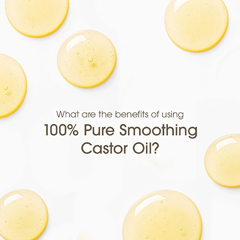 Image 1 - Droplets of yellow castor oil are arranged on a white background with the text What are the benefits of using 100% Pure Smoothing Castor Oil? in a dark brown font.
              Image 2 - Image shows several yellow oil droplets on the left side, with four text boxes in the center and right featuring claims about hair benefits: Moisturizes hair & scalp, Smooths & tames hair, Reduces frizz & helps rebond split ends, Provides incredible shine.
              Image 3 - Image features a bottle of Giovannis 100% Pure Castor Oil next to a round container of Smoothing Hair Oil Conditioner labeled with benefits like moisturizing hair and scalp, alleviating a dry, flaky scalp, smoothing and taming hair, reducing frizz, and providing shine, with text stating Family Owned and Operated, Since 1979.
              Image 4 - Image shows two hair care products: a bottle of 100% Pure Smoothing Castor Oil with benefits like moisturizing hair and scalp, alleviating a dry scalp, and reducing frizz, along with a jar of Smoothing Castor Oil Leave-In Conditioner highlighting benefits for frizz control and improving hair texture; visible text includes 100% Pure Castor Oil and Smoothing Castor Oil Leave-In Conditioner.