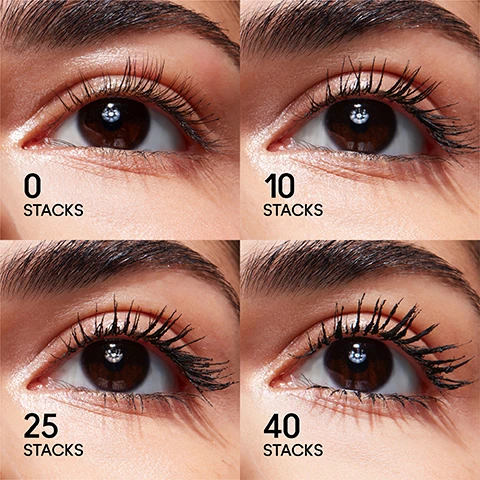 Image 1, 0 stacks vs 10 stacks vs 25 stacks vs 40 stacks. image 2, endlessly buildable volume, 95% agree. instant lash lift and length. mascara builds endlessly. consumer testing on 111 panelists after using superstack mega brush for one week. image 3, 24 hour wear, clump resistant, flake resistant. image 4, formulated without: formaldehyde and it's donors. hydroquinone, triclosan, mineral oil, parabens, petrolatum, phthalates, sulfates.