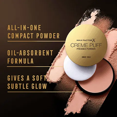 Image 1, ﻿ ALL-IN-ONE COMPACT POWDER OIL-ABSORBENT FORMULA GIVES A SOFT SUBTLE GLOW MAX FACTOR X CREME PUFF PRESSED POWDER SINCE 1953 Image 2, ﻿ EVEN AND INSTANTLY RADIANT SKIN Image 3, ﻿ "GIVES MY SKIN A VERY NICE MATTE FINISH. IT IS LIGHTWEIGHT AND DOES NOT FEEL CAKEY." SOURCE: MAXFACTOR.COM MAX FACTOR X CREME PUFF PRESSED POWDER SINCE 1953 Image 4, ﻿ USE ALONE WITH MOISTURIZER OR ON TOP OF FOUNDATION Image 5, ﻿ MAX FACTORX CREME PUFF PRESSED POWDER SINCE 1953 AVAILABLE IN A RANGE OF SHADES