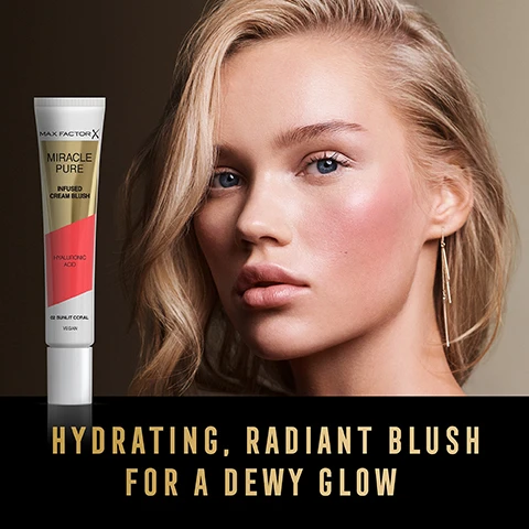 Image 1, hydrating, radiant blush for a dewy finish. image 2, skin looks more radiant and luminous. image 3, looks freshly applied all day long. image 4, 86% of consumers agree that their skin appears more radiant and luminous. COTY testing institute, 2020.