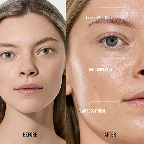 Image 1 - A side-by-side comparison shows a woman’s face on the left with a natural, unmade-up look labeled BEFORE and on the right with a dewy finish and minimal makeup labeled AFTER, with text noting EVENS SKIN TONE, LIGHT COVERAGE, and FLAWLESS FINISH.
              Image 2 - Three close-up images of faces showcasing different skin tones labeled as LIGHT, MEDIUM, and DARK.
              Image 3 - A close-up of three different textured creams in shades of beige, with descriptors for each ingredient: Hyaluronic Acid (water-binding, plumps skin, reduces wrinkles), Vitamin E (anti-oxidant and moisturising), and Organic Glycerin (restorative qualities for hydrated and smoother skin).
              Image 4 - A close-up image of a person applying makeup with a brush on their cheek, featuring text that reads reflects light for radiant glow, flawless finish, evens out skin tone, and MUA favourite.
              Image 5 - Three tubes of Vita Liberata Beauty Blur Luminous BB/CC Cream in Light, Medium, and Dark shades are displayed against a beige background, featuring reviews that highlight the products lightweight formula and effectiveness.