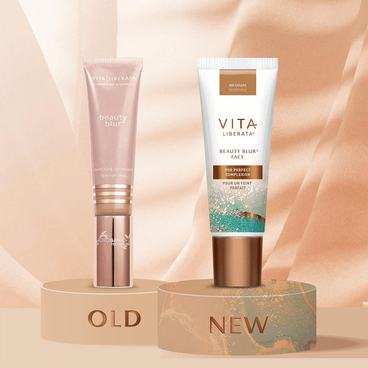 Two images transiting into each other in an endless loop. Image One: Showing the old packaging and the new product packaging. Text: Old New. Image Two: Showing a before and after shot. Text: Vita Liberata Real Real Results