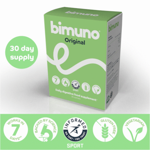 30 DAY SUPPLY WORKS IN 7 DAYS BACKED BY SCIENCE INFORMED WE TEST YOU TRUST GLUTEN FREE VEGETARIAN WORKS IN 7 DAYS BIMUNO GOS IS BACKED BY OVER 100 PUBLICATIONS AND MORE THAN 20 INDEPENDENT SCIENTIFIC STUDIES NEW BRANDING SAME AWARD-WINNING PREBIOTIC LOOK OUT FOR OUR NEW PACKAGING OVER THE COMING MONTHS! Digestive food supplement* bimuno Backed by more than 20 years of independent scientific research Increases the levels of good bacteria in the gut in 7 days** Taste-free High in fiore
              Nutrition Information:
              Per sachet (3.659)
              Energy 41.5k/ 10.1 kcal
              Fibre 2.09 BIMUNO 2.75 9 Bimuno Galactooligosaccharides
              Directions for use Bimuno Original is a taste-free powder Add it to tea, coffee or water, or even sprinkle it over food.
              Recommended daily intake Adults and children 4 years of age and over: Take 1 sachet daily 3.659.
              Ingredients: Bimuno® Powder (Galactooligosaccharides (GOS) derived from lactose (milk), galactose (milk)). Allergens are in bold.
              If you have a sensitive stomach, take 12 a sachet for 7-10 days. If well tolerated increase to 1 sachet.
              No preservatives No artificial flavourings & colours
              Do not exceed the recommended daily intake (1 sachet).
              Store in a cool dry place below 25°C out of sight and reach of children.
              Bimuno® Original is a high fiore food supplement which is intended to supplement the diet and should not be regarded as a substitute for a varied diet and healthy lifestyle
              Children should be supervised when taking this product.
              C
              30x3.659 =109.59