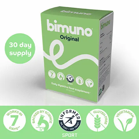 30 DAY SUPPLY WORKS IN 7 DAYS BACKED BY SCIENCE INFORMED WE TEST YOU TRUST GLUTEN FREE VEGETARIAN WORKS IN 7 DAYS BIMUNO GOS IS BACKED BY OVER 100 PUBLICATIONS AND MORE THAN 20 INDEPENDENT SCIENTIFIC STUDIES NEW BRANDING SAME AWARD-WINNING PREBIOTIC LOOK OUT FOR OUR NEW PACKAGING OVER THE COMING MONTHS! Digestive food supplement* bimuno Backed by more than 20 years of independent scientific research Increases the levels of good bacteria in the gut in 7 days** Taste-free High in fioreNutrition Information:Per sachet (3.659)Energy 41.5k/ 10.1 kcalFibre 2.09 BIMUNO 2.75 9 Bimuno GalactooligosaccharidesDirections for use Bimuno Original is a taste-free powder Add it to tea, coffee or water, or even sprinkle it over food.Recommended daily intake Adults and children 4 years of age and over: Take 1 sachet daily 3.659.Ingredients: Bimuno® Powder (Galactooligosaccharides (GOS) derived from lactose (milk), galactose (milk)). Allergens are in bold.If you have a sensitive stomach, take 12 a sachet for 7-10 days. If well tolerated increase to 1 sachet.No preservatives No artificial flavourings & coloursDo not exceed the recommended daily intake (1 sachet).Store in a cool dry place below 25°C out of sight and reach of children.Bimuno® Original is a high fiore food supplement which is intended to supplement the diet and should not be regarded as a substitute for a varied diet and healthy lifestyleChildren should be supervised when taking this product.C30x3.659 =109.59