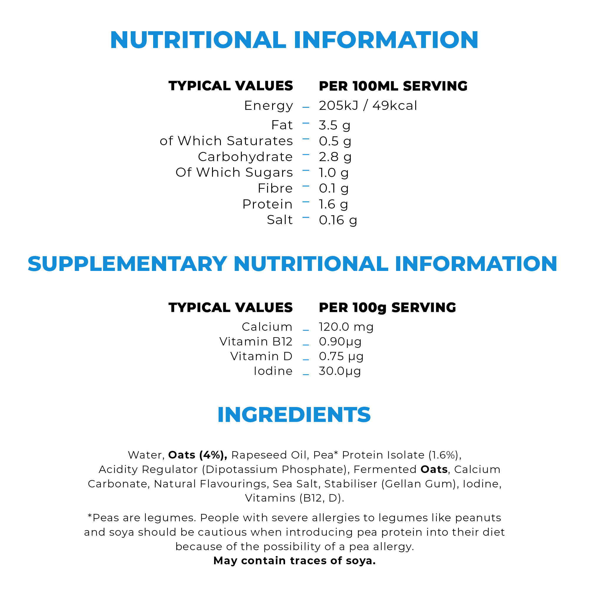 NUTRITIONAL INFORMATION TYPICAL VALUES Energy 3.5g, Fat 0.5 g, of Which Saturates 2.8 g, Carbohydrate 1.0 g, Of Which Sugars 0.1 g, Fibre 1.6 g, Protein Salt - 0.16 g. PER 100ML SERVING 205kJ / 49kcal SUPPLEMENTARY NUTRITIONAL INFORMATION TYPICAL VALUES Calcium Vitamin B12, Vitamin D, lodine, PER 100g SERVING 120.0 mg
                                  , 0.90μg, 0.75 μg, 30.0µg, INGREDIENTS Water, Oats (4%), Rapeseed Oil, Pea* Protein Isolate (1.6%), Acidity Regulator (Dipotassium Phosphate), Fermented Oats, Calcium, Carbonate, Natural Flavourings, Sea Salt, Stabiliser (Gellan Gum), lodine,Vitamins (B12, D).