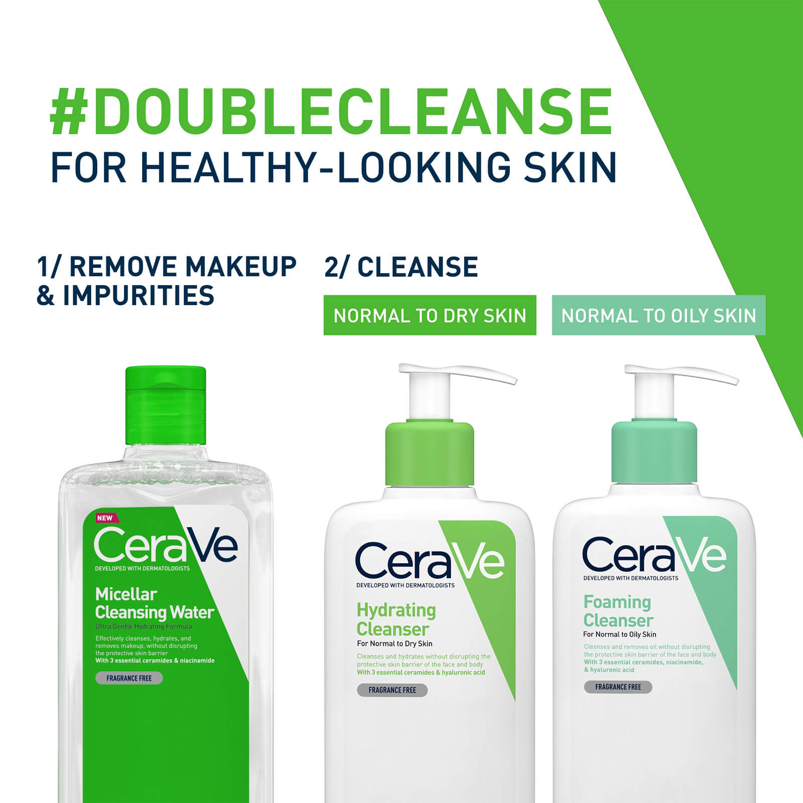 doublecleanse, for healthy looking skin, remove makeup and impurities, cleanse, for normal to dry skin