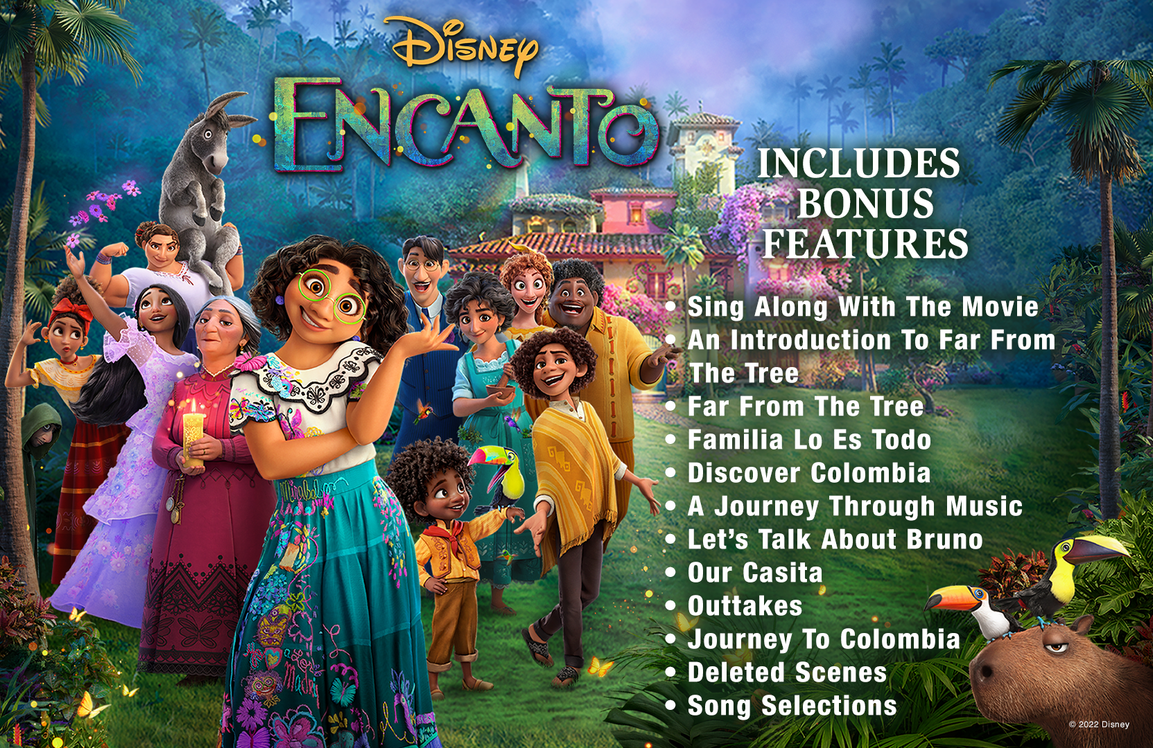 Image showing Mirabeland family standing on the left with text on the right. Text reads, INCLUDES BONUS FEATURES, Sing Along With The Movie, An Introduction To Far From The Tree, Far From The Tree, Familia Lo Es Todo, Discover Colombia, A Journey Through Music, Let's Talk About Bruno, Our Casita, Outtakes, Journey To Colombia, Deleted Scenes, Song Selections