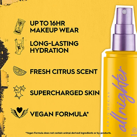 Image 1, up to 16 hour makeup wear, long lasting hydration, fresh citrus scent, supercharged skin, vegan formula. Image 2, vitamin c and cactus flower water. Image 3, number 1 premium setting spray brand in the UK. Image 4, instant hydration. Image 5, up to 16 hour makeup wear. Image 6, over 1,500 5 star reviews. Image 7, The OG vs Vitamin C. The OG = UK's number 1 setting spray, up to 16 hour wear, unscented, real skin finish, vegan formula. Vitamin C = new, up to 16 hour wear, fresh citrus scent, glow finish, vegan formula