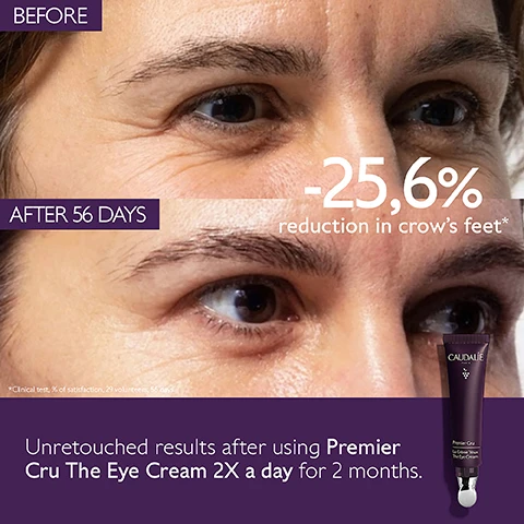 Image 1, before and after 56 days. -25.6% reduction in crow's feet. unretouched results after using premier cru the eye cream 2 times a day for 2 months. image 2, instant brightening effect, -25.6% reduction in crow's feet. image 3, TET8 technology resveratrol and honokiol = correct the 8 signs of ageing. tightening sugars = smooth wrinkles in 3 min. blend of pearlizers = increase skin luminosity. image 4, step 1 = the serum. step 2 = the rich cream or the cream. step 3 = the eye cream.
