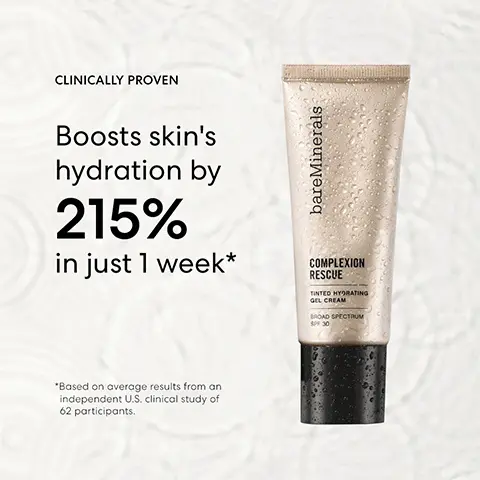 Image 1, boosts skins hydration by 215% in just 1 week* *based on average results from an independent US Clinical study of 62 participants. Image 2, Hylaunronic acid that helps boost skin's moisture levels, olive- Derived squalane quenches dry skin with all day hydration and mineral based sunscreen that protects from damaging UVA and UVB rays. Image 3, full sized vs mini