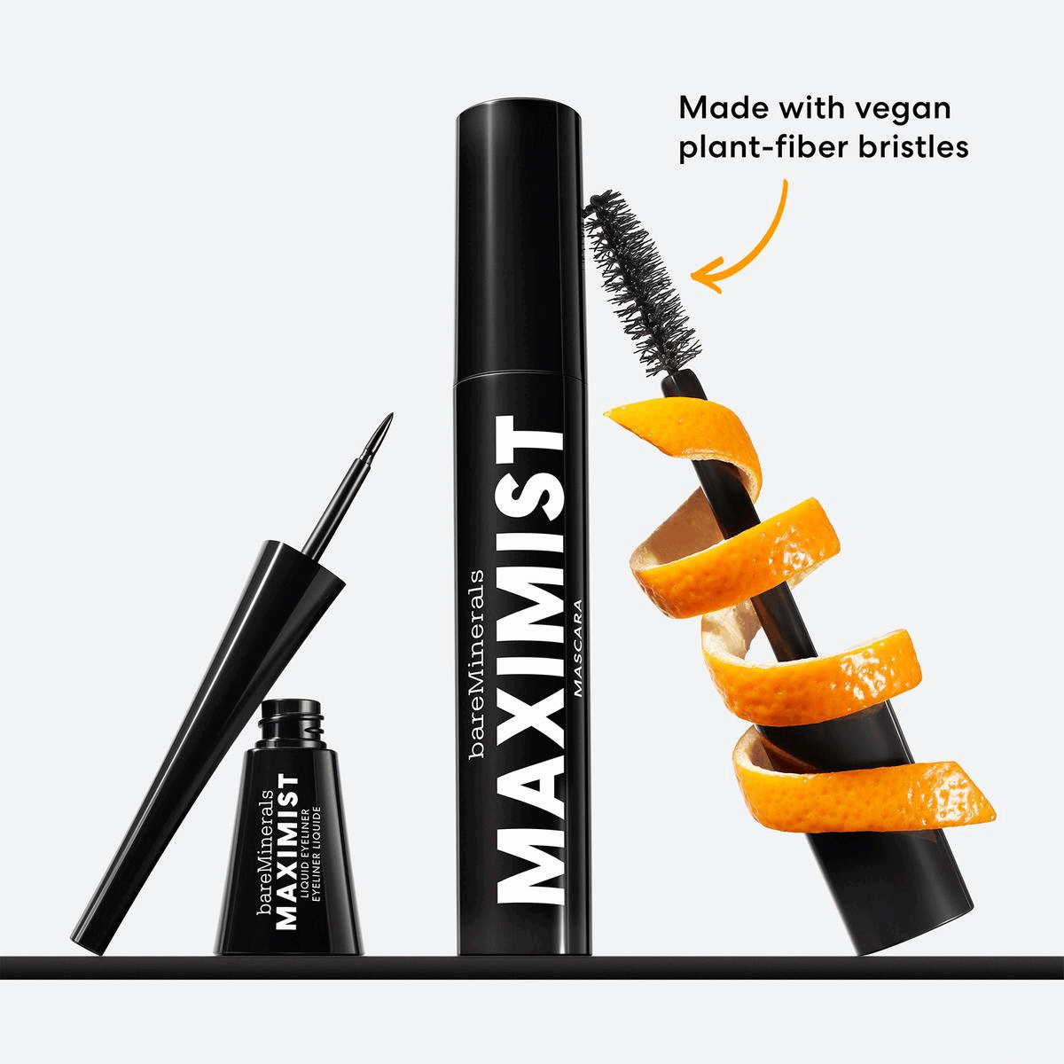 Image 1, made with vegan plant-fiber bristles. Image 2, dual reservoirs load mascara for instant max volume. made with vegan plant-fiber bristles. Image 3, available in 2 sizes, full and mini