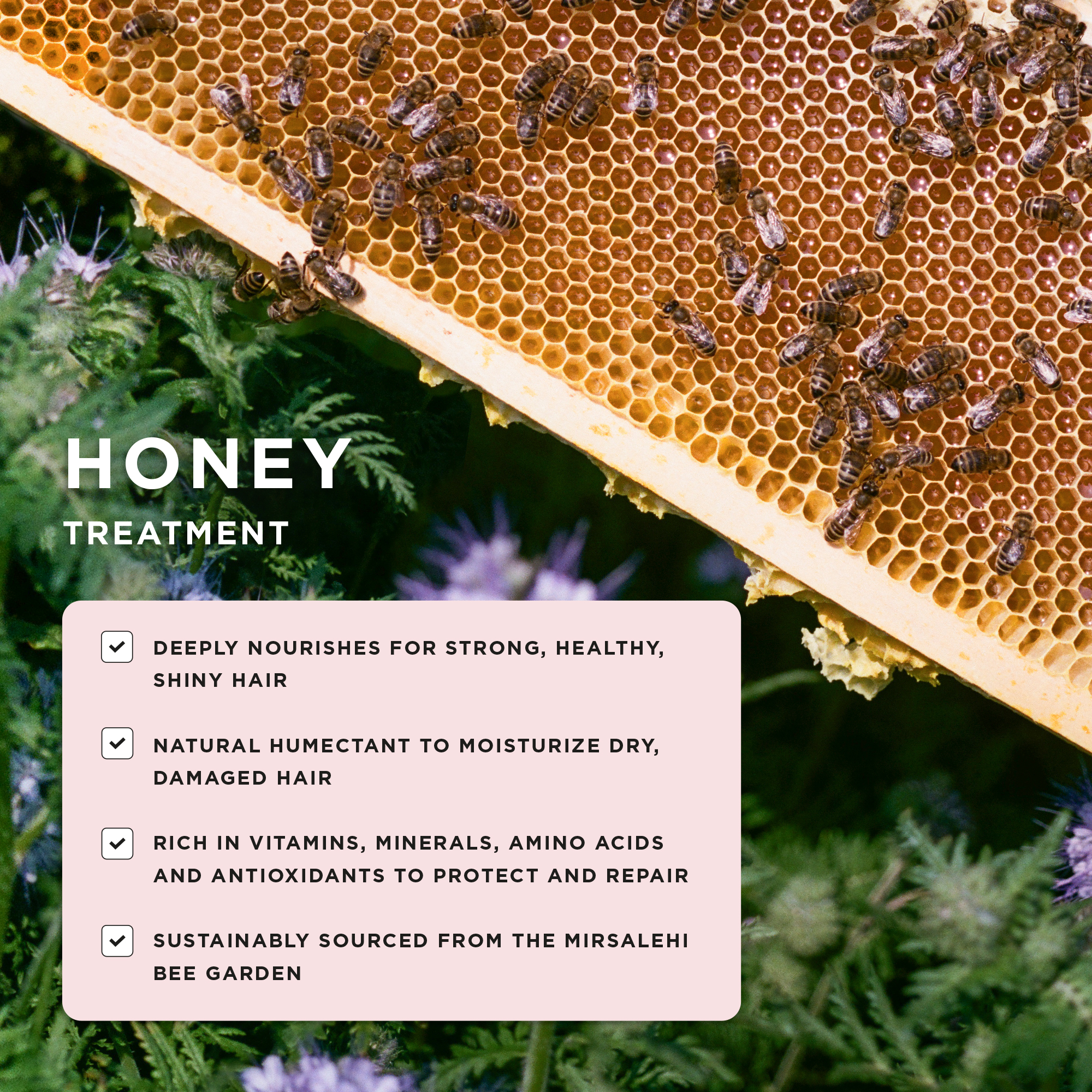 Honey Treatment, deeply nourishes for strong, healthy, shiny hair, natural humectant to moisturize dry, damaged hair, rich in vitamins, minerals, amino acids and antioxidants to protect and repair, sustainably sourced from the mirsalehi bee garden