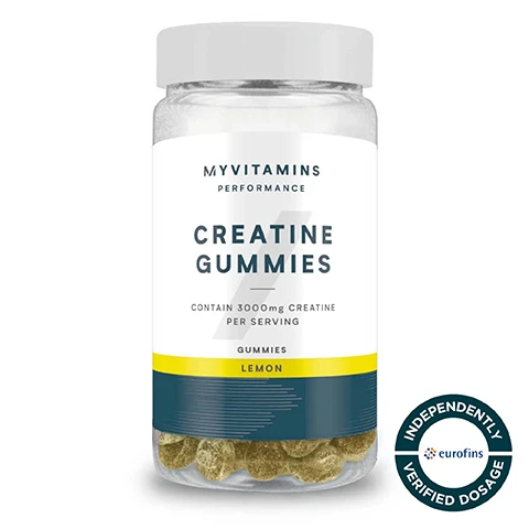 Image 1-myprotein-en_GB - A clear bottle containing yellow creatine gummies with a label that reads MYVITAMINS PERFORMANCE CREATINE GUMMIES CONTAIN 3000mg CREATINE PER SERVING GUMMIES LEMON and a seal stating INDEPENDENTLY VERIFIED DOSAGE eurofins. Image 2-myprotein-en_GB - A list of benefits for creatine gummies is shown next to a hand holding a jar reading MYVITAMINS PERFORMANCE CREATINE GUMMIES with the text BENEFITS OF CREATINE GUMMIES, Increases physial performance¹, 3g creatine per serving, Free from artificial flavours, Independently verified dosage, Convenient gummy on the go. Image 3-myprotein-en_GB - Text and a seal with a yellow gummy in the bottom right corner. Text reads PRECISE DOSE EVERY TIME Every gummy delivers the creatine dose promised. Independently verified by Eurofins, so you know whats on the label is precisely what youre getting. The seal says INDEPENDENTLY VERIFIED DOSAGE and shows the eurofins logo. Image 4-myprotein-en_GB - Image shows text about traceability and testing with a BRCGS Food Safety CERTIFICATED logo and a bottle of Myvitamins Creatine Gummies in Lemon flavor, with the text TRACEABILITY START TO FINISH Tested for harmful contaminants like heavy metals, microbes, and undeclared allergens — all under strict safety controls MYVITAMINS PERFORMANCE CREATINE GUMMIES CONTAINS 3000mg CREATINE PER SERVING 60 GUMMIES LEMON. Image 5-myprotein-en_GB - Text overlaid on a background with a smiling man: SCIENCE-LED & ATHLETE-APPROVED Developed by in-house qualified nutritionists. Continued innovation guided by our Performance Advisory Board of expert researchers, doctors, and elite athletes. Image 6-myprotein-en_GB - Image shows a person holding a jar of MyVitamins Creatine Gummies next to text that reads UK’S NO. 1 PROTEIN POWDER BRAND Consistency, quality, and over 20 years of getting it right. Backed by Euromonitor, the global authority on market data. Source: Euromonitor International Limited; Consumer Health 2023ed, Myprotein’s retail value sales, World 2023 data. MYVITAMINS PERFORMANCE CREATINE GUMMIES CONTAIN 1000MG CREATINE PER SERVING.