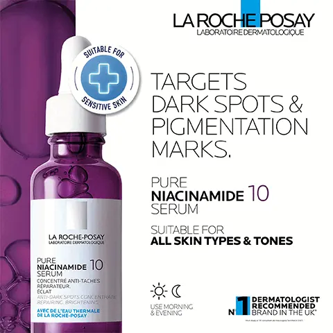 Image 1, Targets dark spots and pigmentation marks. Pure Niacinamide 10 Serum. Suitable for all skin types and tones. Image 2,Expert ageing serums recommended by dermatologists.