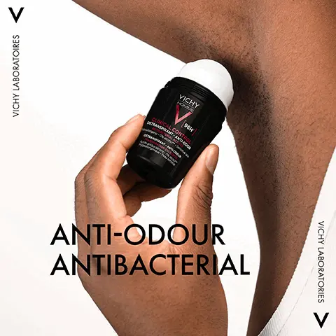 Vichy laboratories. Anti-odour antibacterial. Up to 96H protection. Helps control excessive perspiration. Powered with an antibacterial active. Let skin breathe.