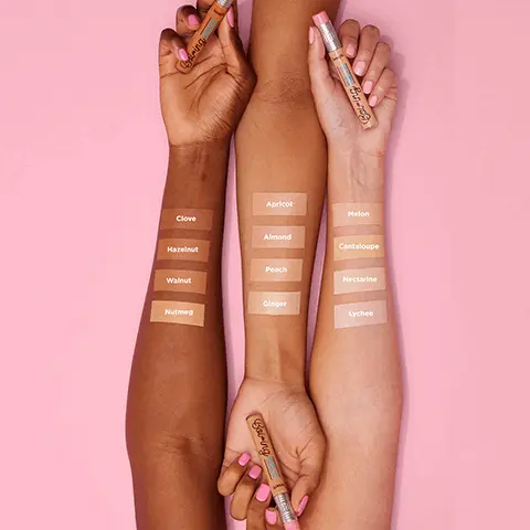 image 1, swatches on three skin tones, shades: clove, hazelnut, walnut and nutmeg. Image 2, 12 models all with different skin tones showing the shade range. Image 3, red algae extract known to help visibly brighten, serum like formula, helps seal in skin hydration, color-correcting pigments, known to help hide dark circles.