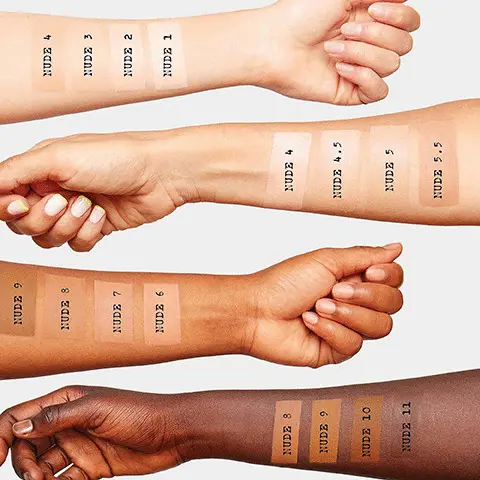 Image 1, shades shown on three different skin tones. Image 2, all shades show on a model