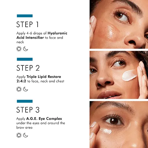 image 1, step one = apply 3-5 drops of c e ferulic to face, neck and chin in the morning. step 2 = apply 2-3 drops of hydrating b5 gel to face neck and chest morning and night. Image 2, restores radiance for smoother complexion