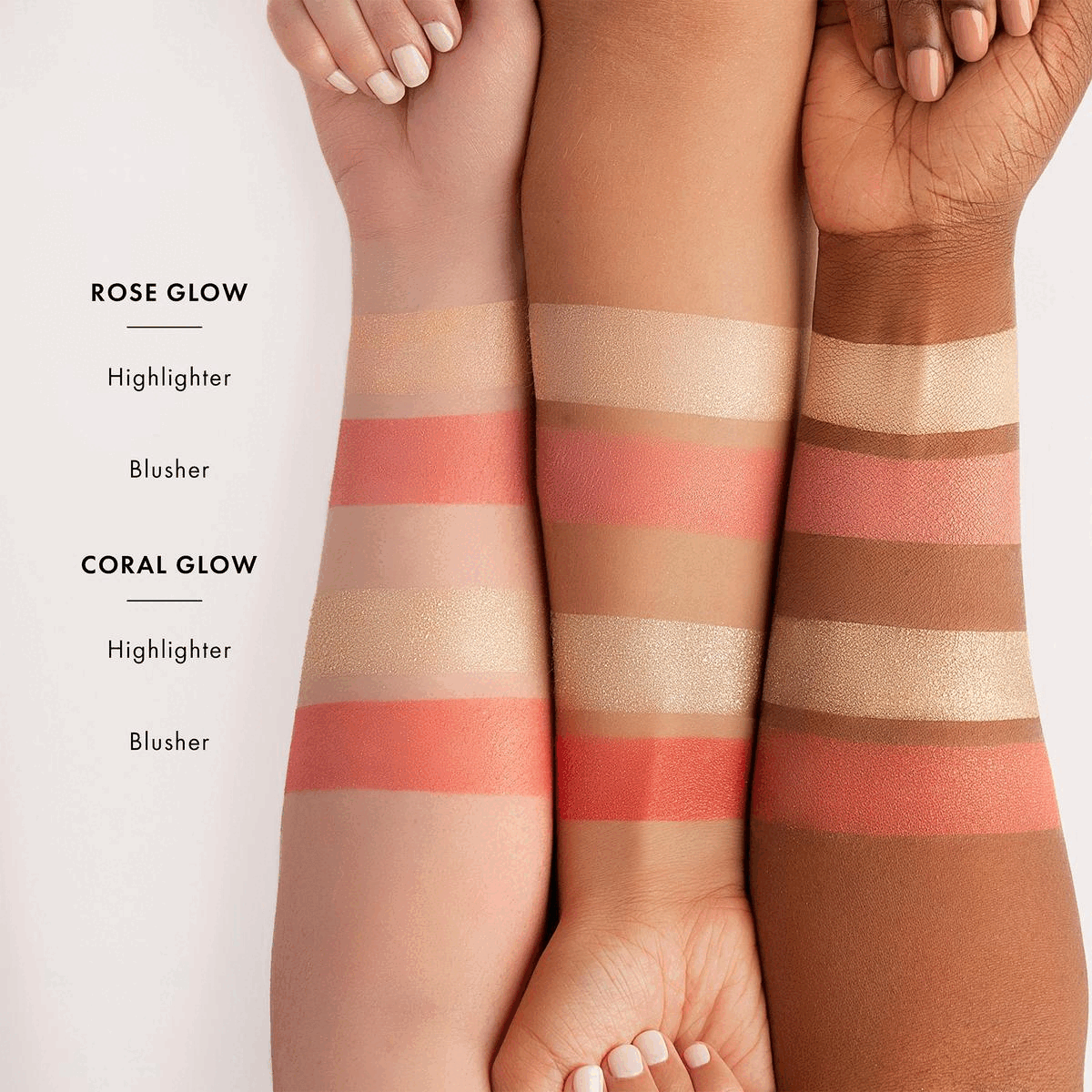 Image 1, showing the shades modelled across three different skin tones, rose glow, highlighter, blusher. Coral glow, highlighter, blusher Image 2, Before and After, Jilda wears silk glow duo in Coral