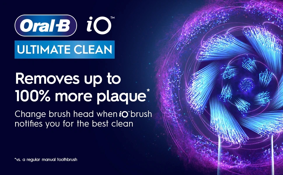 OralB iO ULTIMATE CLEAN. Removes up to 100% more plaque*. Change brush head when iO brush notifies you for the best clean
                                  a regular mcnud toothbrush