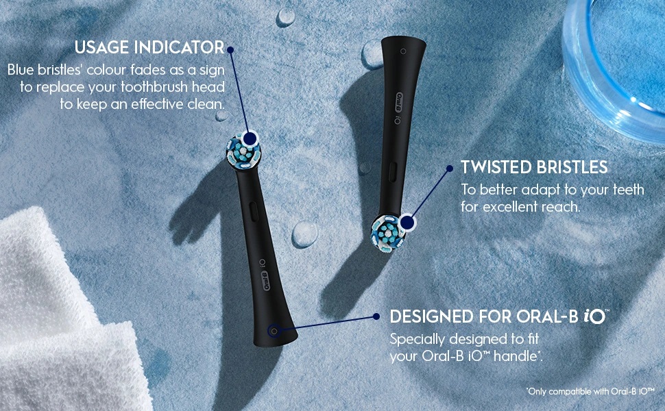USAGE INDICATOR, Blue bristles' colour fades as a to replace your toothbrush head to keep an effective clean.
                                  TWISTED BRISTLES, To better adapt fo your teeth for excellent reach. DESIGNED FOR ORAL-BiO, Specially designed to fit your Oral-B iC handle.