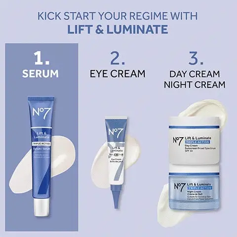 Kick start your regime with lift and luminate 1.serum, 2.eye cream, 3.day cream night cream. Collagen peptide technology our next generation age-defying complex, brightening complex our serum targets the appearance of pigmentation using a unique blend of emblica & vitamin C, Pro-retinol this serum supports the skin's renewal process.