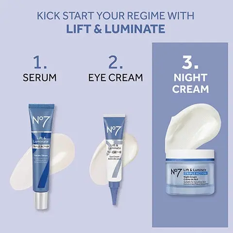 Kick start your regime with lift & luminate. 1. serum, 2.eye cream, 3. day cream night cream. Collagen peptide technology our next generation age-defying complex, firming complex our serum leaves skin feeling firmer with our hydrating blend of hyaluronic acid & hibiscus peptides, pro-retinol this serum supports the skins renewal process. Wake up to radiant looking skin lines & wrinkles appear visibly reduced after 2 weeks.