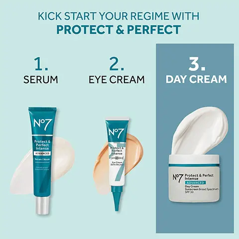 KICK START YOUR REGIME WITH PROTECT & PERFECT. 1. SERUM. 2. EYYE CREAM. 3. DAY CREAM.Collagen Peptide Technology Our next generation age-defying complex. Hyaluronic Acid This day cream leaves skin feeling instantly moisturised. Ginseng Extract This day cream leaves skin feeling energised and looking more awake. SKIN LOOKS YOUNGER AFTER 2 WEEKS. WRINKLES APPEAR DRAMATICALLY REDUCED.
