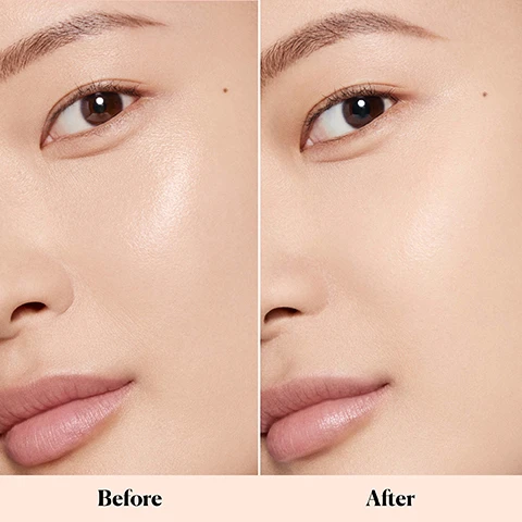 Image 1, before and after. Image 2, vitamin C powder. image 3, 16 hour wear. peachy pink pigments brighten and colour correct. 16 hour shine control. ultra finely milled powder for a weightless finish