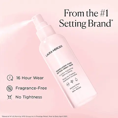 Image 1, from the number 1 setting brand, 16 hour wear, fragrance free, no tightness. Image 2, purlane flower helps soothe skin and protect from environment stressors. Image 3, travel size vs full size.