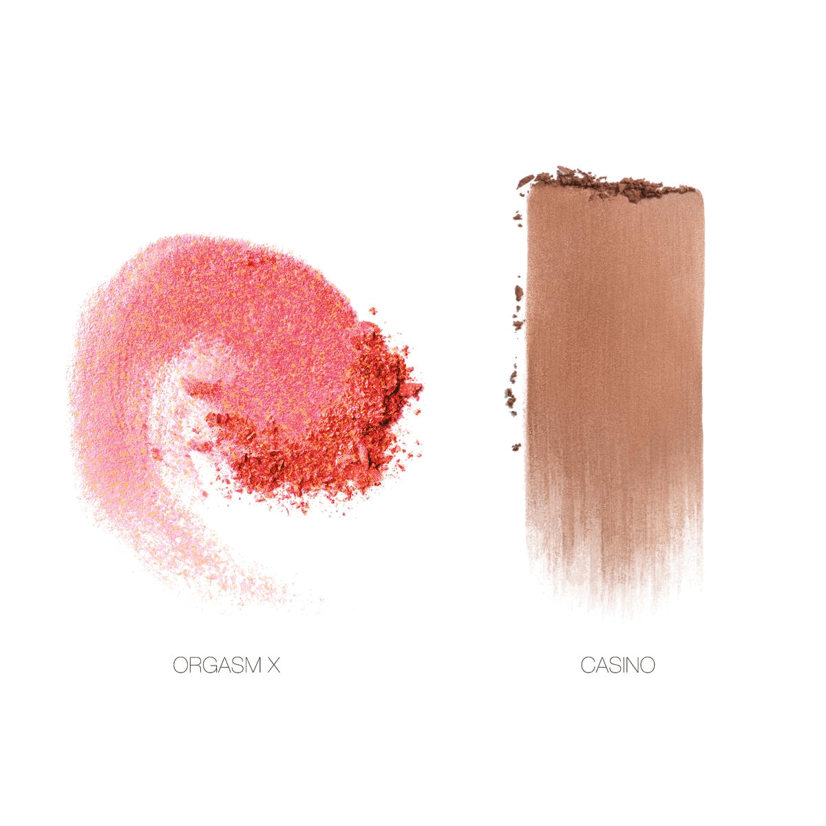 Product's swatches. Summer unrated blush/bronzer Duo. Model hand swatches