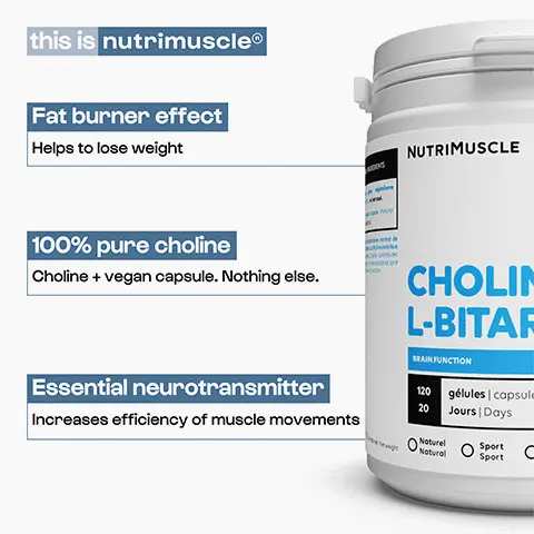 fat burner effect helps to lose weight, 100% pure choline, essential neurotransmitter, increase the efficiency of muscular movements, delays the appearance of fatigue, protects the liver, helps to burn fat. 