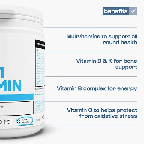 Multivitamins to support all round health, Vitamin D and K for bone support, Vitamin B complex for energy, Vitamin C to help protect from oxidative stress. Why nutrimuscle® ?
              NUTRIMUSCLE
              MULTI VITAMIN 30 gélules capsules. 
              Perfect dosage = higher efficiency
              Natural Vitamin E No cross contamination, guaranteed Pharmaceutical quality X standard
              X Underdosed in Vitamins A, B and D Vitamin D potentially
              X Synthethetic forms of Vitamin E
              Poor quality production. Omega 3 Epax®
              Promotes cardiovascular
              health. Multiminerals Tops up your key
              mineral intake. this is nutrimuscle
              Pharmaceutical quality Developed with over 75 years of expertise. Perfectly dosed Maximises crossover effects between vitamins
              stre vitamine. Extremely pure
              to
              natural vitamin
              120
              gélules capsul mois | months
              Analysed and certified by independent labs.