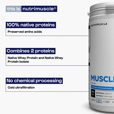 this is nutrimuscle
              100% native proteins
              NUTRIMUSCLE
              Preserved amino acids. Combines 2 proteins
              Native Whey Protein and Native Whey Protein Isolate. No chemical processing Cold ultrafiltration. benefits
              Supports muscle mass &
              growth
              With Native Whey Protein and
              Native Whey Protein Isolate
              Protein kept intact. Why nutrimuscle® ?
              NUTRIMUSCLE
              MUSCLEWHEY
              HEYRATIVE WHEY ISOLATE
              grommes grams portions servings
              Q
              nutrimuscle®
              Protein comes directly from the milk
              No chemical processing
              No protein denaturation
              GMO free
              X standard
              X
              Cheese protein derived from
              milk
              Chemical treatment
              X Proteins denatured
              ★ Contains soy lecithin
              