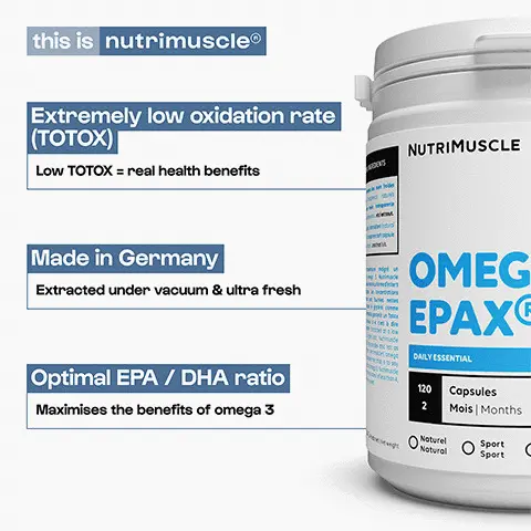 Improves cardiovadcular health, protects the nervous sytem, Promotes muscle recovery, helps to reduce gaining fat. this is nutrimuscle®
              Extremely low oxidation rate (TOTOX)
              NUTRIMUSCLE
              MGEDIENTS
              Low TOTOX = real health benefits. Made in Germany
              Extracted under vacuum & ultra fresh. Optimal EPA/DHA ratio Maximises the benefits of omega 3. better together +
              NUTRIMUSCLE
              MULTI VITAMIN
              Multivitamin Strengthens the immune
              system. Multimineral 5 Helps to reduce MULTIMINERAL
              fatigue. Why nutrimuscle®?
              NUTRIMUSCLE
              OMEGA 3 EPAX®
              Pre
              dup
              DAILY ESSENTIAL
              120
              Capsules Mois | Months
              Naturel
              Santé
              Natural
              Sport Sport
              Expert Expert
              O
              Healthy
              nutrimuscle®
              X standard
              TOTOX: 2 = excellent freshness
              TOTOX too high = omega 3 oxidized
              Premium Epax® quality
              Lack of HACCP and ISO14001 certificates
              Low temperature extraction = quality preserved
              High temperature cooking = degraded oil
              Excellent EPA/DHA balance
              Poor EPA / DHA ratio = loss of efficiency. 
