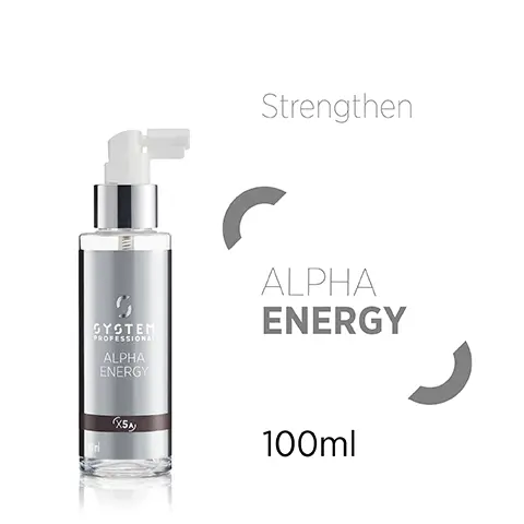 Image 1, Strengthen SYSTEM PROFESSIONAL ALPHA ENERGY ALPHA ENERGY XSA 100ml Image 2, MANAGEABILITY STRENGTHEN REPAIR VOLUME Image 3, Apply 3-5 pumps on each section from root to tip 2 1 Split hair into 3-4 sections 3 Do not rinse, Style as usual