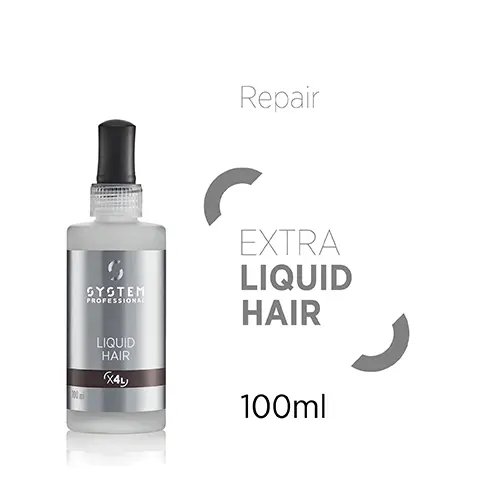 Image 1, 000 Repair SYSTEM PROFESSIONAL LIQUID HAIR X4L EXTRA LIQUID HAIR 100ml Image 2, H STRENGTHEN REPAIR FIBRE PROTECTION Image 3, Comb and blow dry for 5min 2 1 Apply 4-5 pipettes in sections and distribute evenly 3 Rinse for 20sec and style as usual