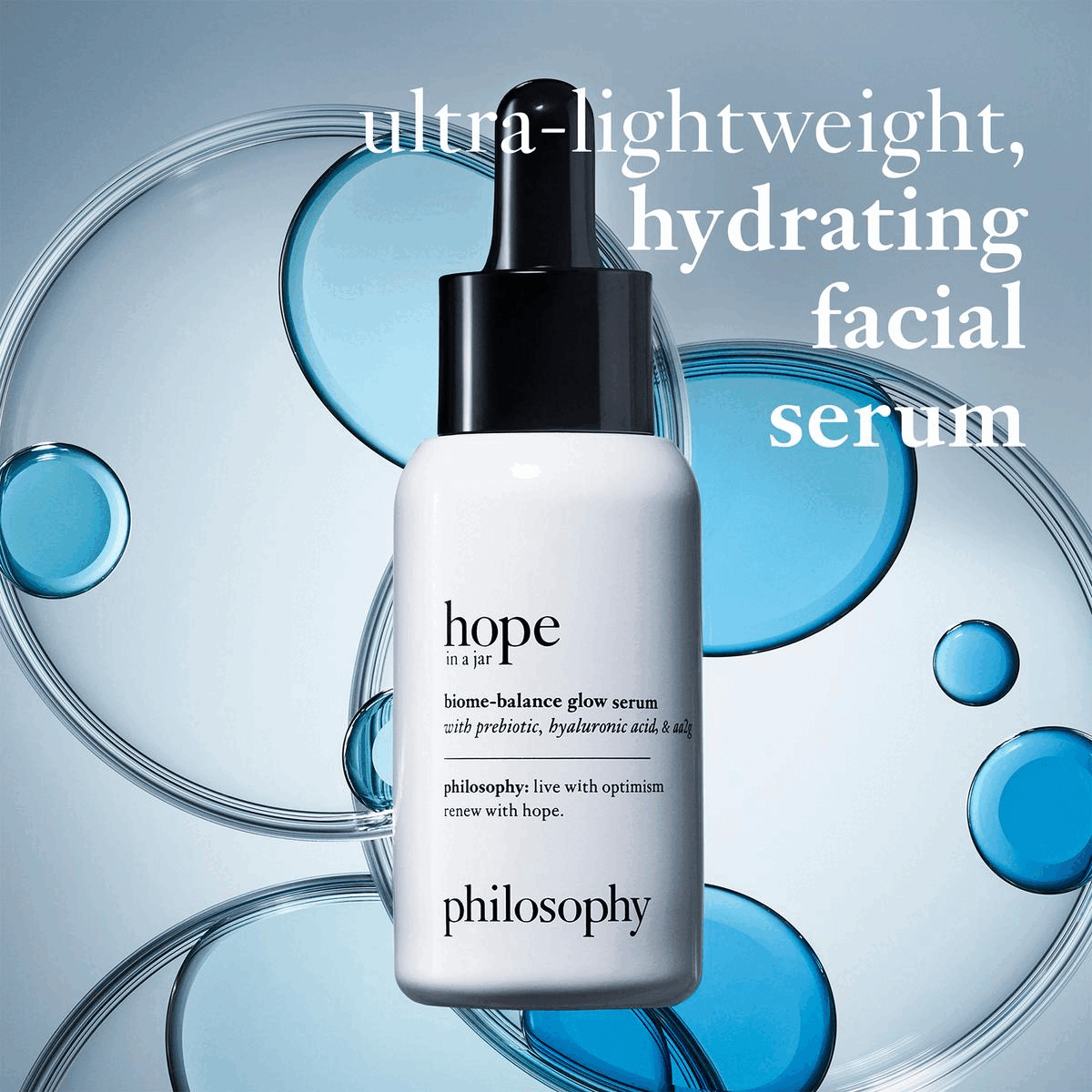Image 1 -Ultra lightweight hydrating facial serum Image 2- Delivers powerful skin barrier protection based on a clinical study of 35 women aged 18-65 Image 3- skin is instantly hydrated, glowing and smooth Image 4-before and after 4 weeks hope in a jar balance biome serum Image 5- old vs new Image 6- hydrate and glow regimen 