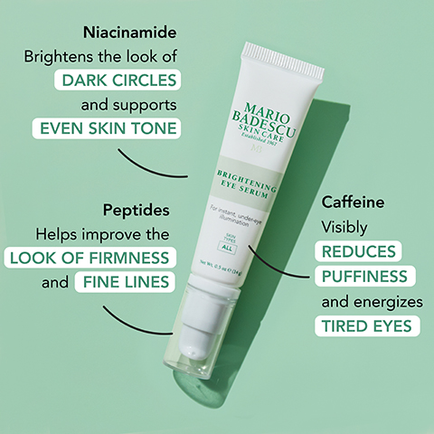 Image 1 - A tube of Mario Badescu Brightening Eye Serum is displayed against a light background, with text highlighting its key ingredients and benefits: Niacinamide brightens dark circles and supports even skin tone, Peptides improve the look of firmness and fine lines, and Caffeine visibly reduces puffiness and energizes tired eyes.