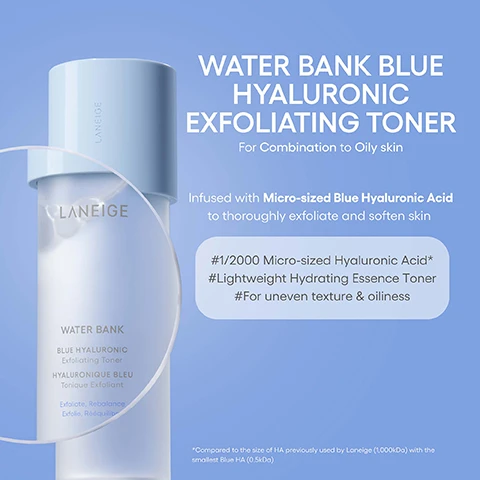 Image 3 - A translucent cylindrical bottle with a light blue cap, containing clear liquid, stands on a light blue background with a white wispy liquid-like swirl around it; the bottle has LANEIGE branding and labels reading WATER BANK BLUE HYALURONIC Exfoliating Toner HYALURONIQUE BLEU Tonique Exfoliant Exfoliate, Rebalance Exfolie, Rééquilibr, while descriptive text to the right says WATER BANK BLUE HYALURONIC EXFOLIATING TONER For Combination to Oily skin Infused with Micro-sized Blue Hyaluronic Acid to thoroughly exfoliate and soften skin #1/2000 Micro-sized Hyaluronic Acid* #Lightweight Hydrating Essence Toner #For uneven texture & oiliness *Compared to the size of HA previously used by Laneige (1,000kDa) with the smallest Blue HA (0.5kDa). Image 4 - A tilted white and blue bottle with a light blue cap, a skincare product, is shown with the text Gentle exfoliation & rebalancing. This lightweight formula enhanced with PHA works to gently exfoliate skin, leaving it extra soft and visibly smooth. The bottle itself has visible text: LANEIGE, WATER BANK, BLUE HYALURONIC, Exfoliating Toner, HYALURONIQUE BLEU, Tonique Exfoliant, Exfoliate, Rebalance, Exfolie, Rééquilibre. Image 5 - The image shows several clear water droplets or bubbles on a light blue background, with the text Hydrating essence toner with PHA soy-Yeast Complex* A first-step toner that gently exfoliate, helps rebalance skin, and delivers lighweight hydration, allowing it to absorb the rest of your skincare routine. *PHA Soy-Yeast Complex: A combination of PHA and lactobacillus/ soybean ferment extract and yeast extract.